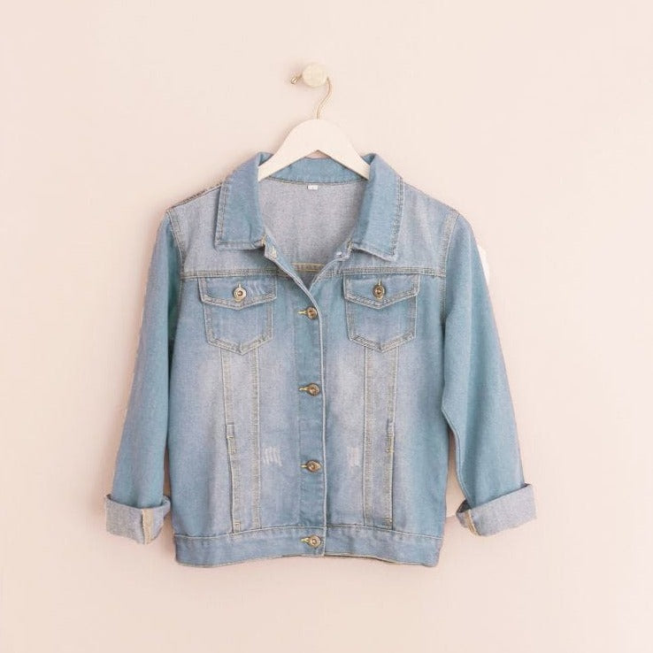 Cute Little Girl Jeans Jacket Happy Childhood Concept Stock Photo by  ©Forewer 271329548